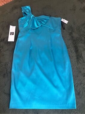 David Meister NWT 6 Teal Satin One Shoulder Bow Knee Length Dress
